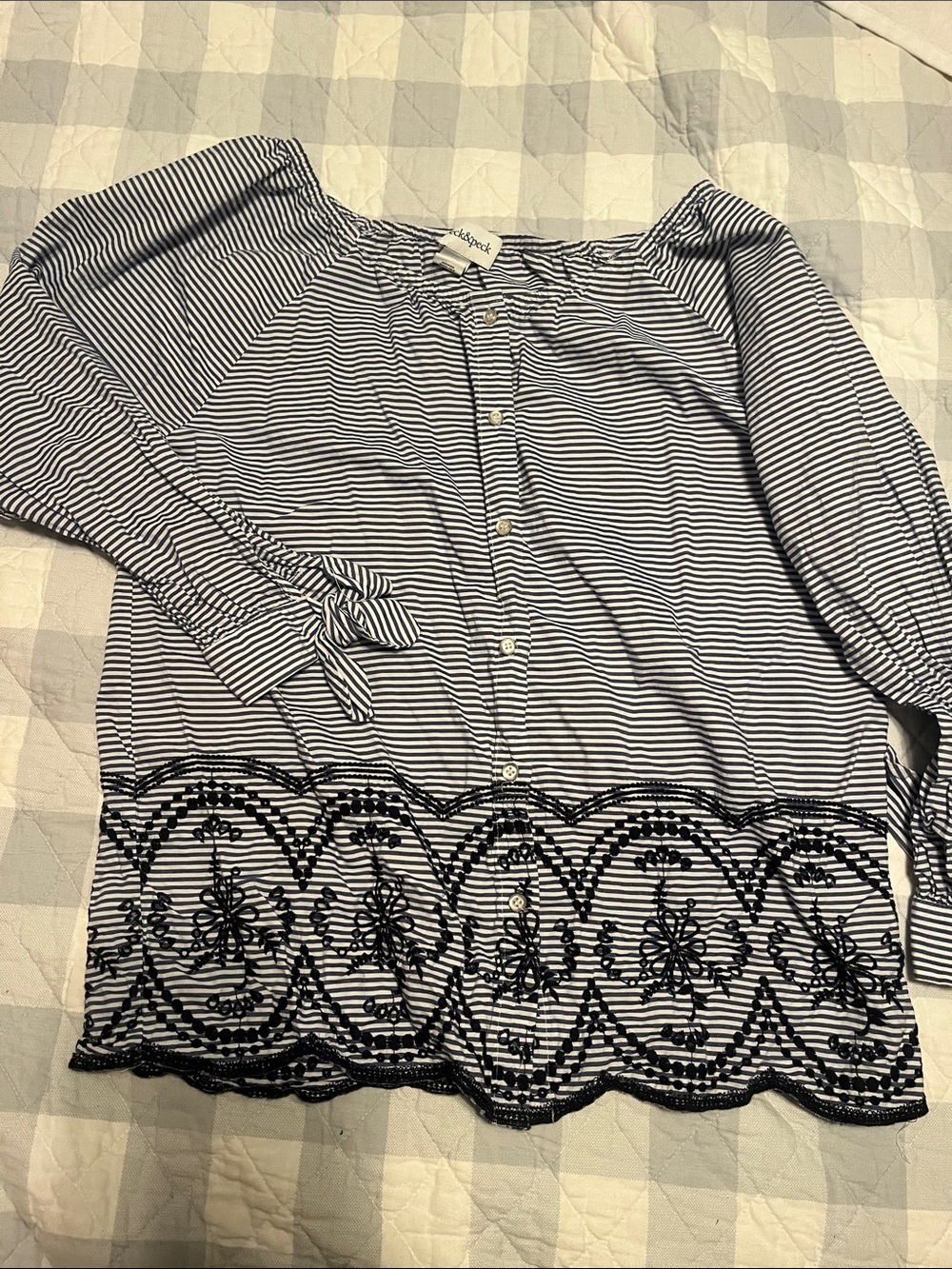 Striped Button-Front Top with Embroidered Hem - Navy/White